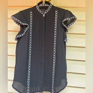 And Taylor black sheer blouse, ruched shoulders, scalloped contrast decor, S